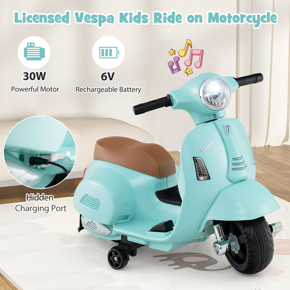 Kids ride on motorcycle licensed Vespa in green with LED headlight, horn sound, and training wheels for safety.