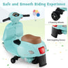 Kids ride-on motorcycle in green with training wheels, LED headlight, and anti-toppling device for safe play.
