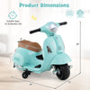 Kids ride-on motorcycle licensed Vespa in green, featuring LED headlight, horn sound, and dimensions for ages 18-36.