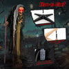 Life-size animatronic witch with red eyes, posable arms, and installation guide for Halloween decorations.