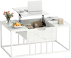 Lift top coffee table in white with hidden storage compartment, adjustable height, and spacious tabletop for versatile.