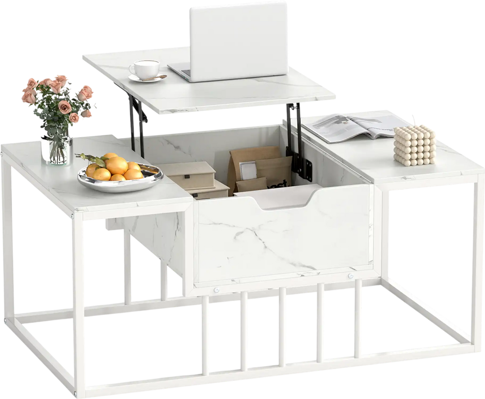 Lift top coffee table in white with hidden storage compartment, adjustable height, and spacious tabletop for versatile.