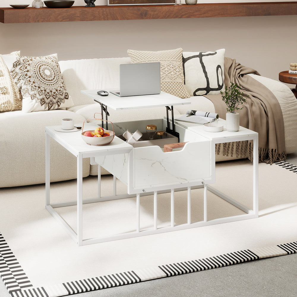 Lift top coffee table in white with hidden storage compartment, ideal for versatile use as a work or coffee table.