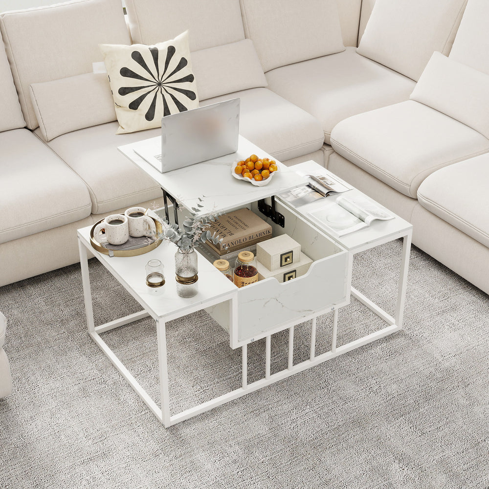 Lift top coffee table in white with hidden storage compartment, showcasing a modern aesthetic and convenient gas strut.