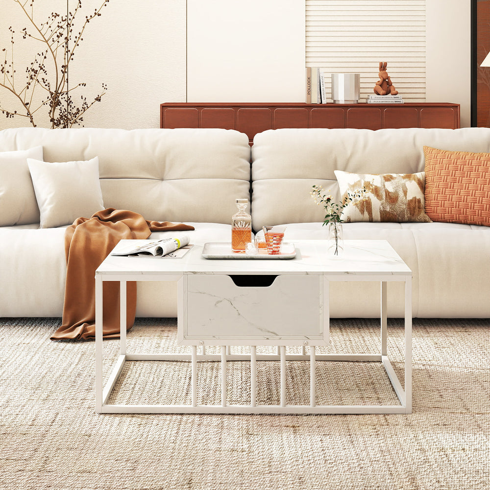 Lift top coffee table in white with hidden storage compartment, perfect for versatile use in modern living spaces.