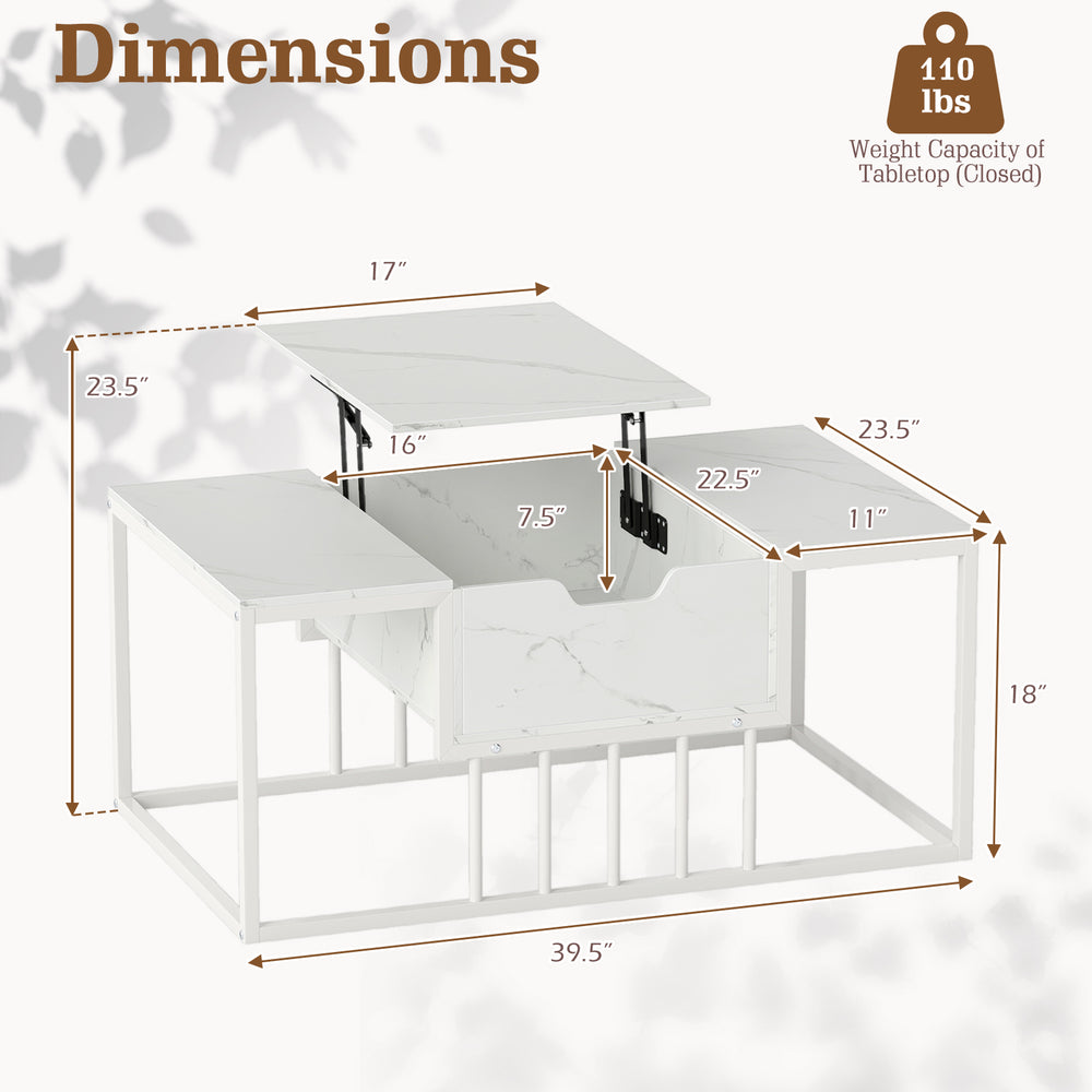 Lift top coffee table with hidden storage compartment, white finish, adjustable height, ideal for versatile use and.