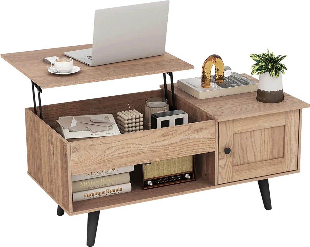 Lift top coffee table in natural finish with hidden storage, spacious tabletop, and sturdy legs for versatile use.