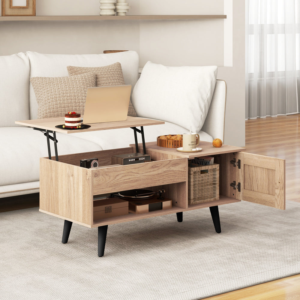 Lift top coffee table in natural finish with storage compartments, perfect for snacks and work in modern living spaces.