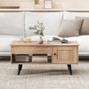 Lift top coffee table in natural wood with storage, featuring a spacious hidden compartment and modern design for.