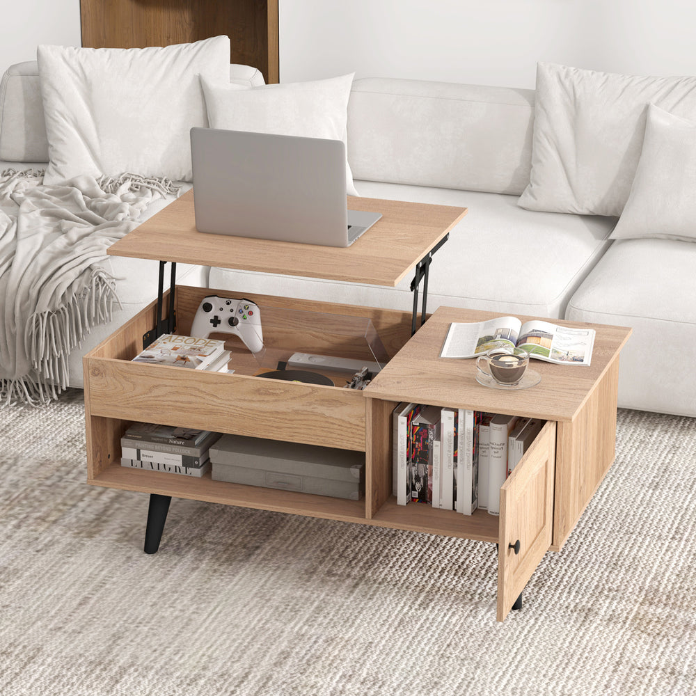 Lift top coffee table in natural finish with storage compartments, perfect for snacks, laptops, and modern home decor.