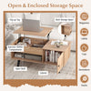 Lift top coffee table in natural finish with spacious hidden compartment and open storage for magazines and snacks.