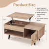 Lift top coffee table with storage, natural finish, showcasing dimensions and weight capacities for versatile use.