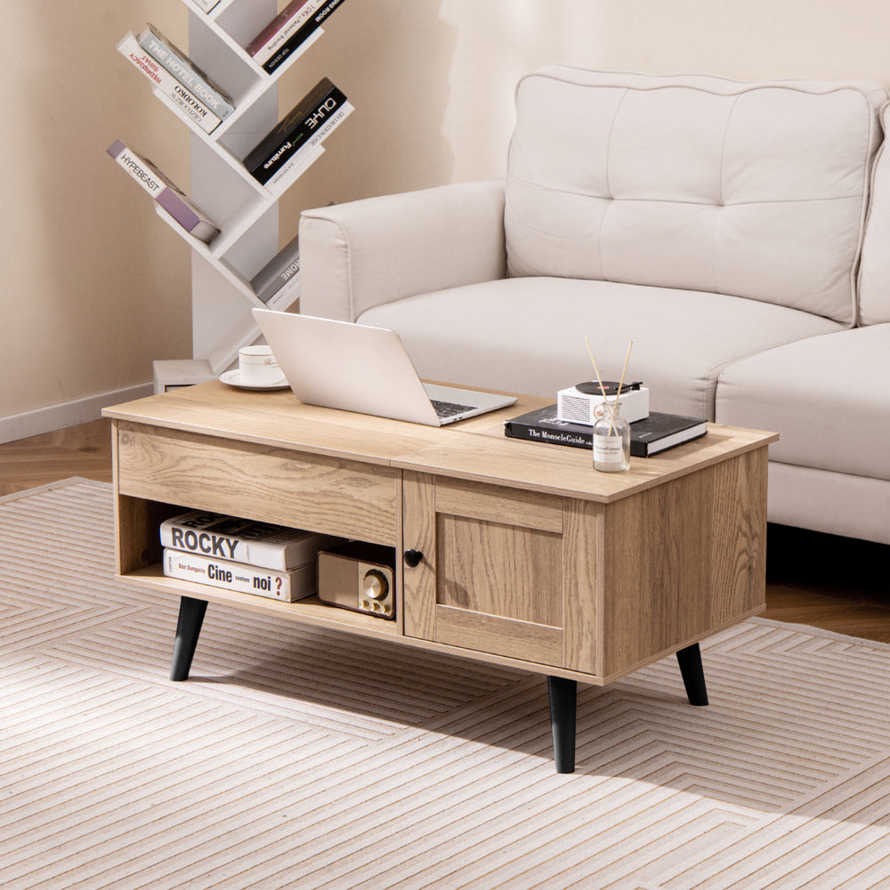 Lift top coffee table in natural finish with storage, spacious hidden compartment, and sturdy legs for versatile use.