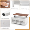 Coffee table with hidden storage compartment in white, featuring a lift top and three open cubes for versatile use.