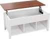 Lift-top coffee table in white with hidden storage compartment and three open cubes, perfect for versatile home use.