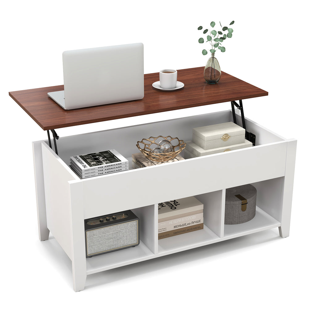 Lift-top coffee table in white with hidden storage, featuring open cubes and a modern design for versatile use.