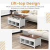 Lift-top coffee table in white with hidden storage, featuring a hydraulic lifter for smooth tabletop adjustment.