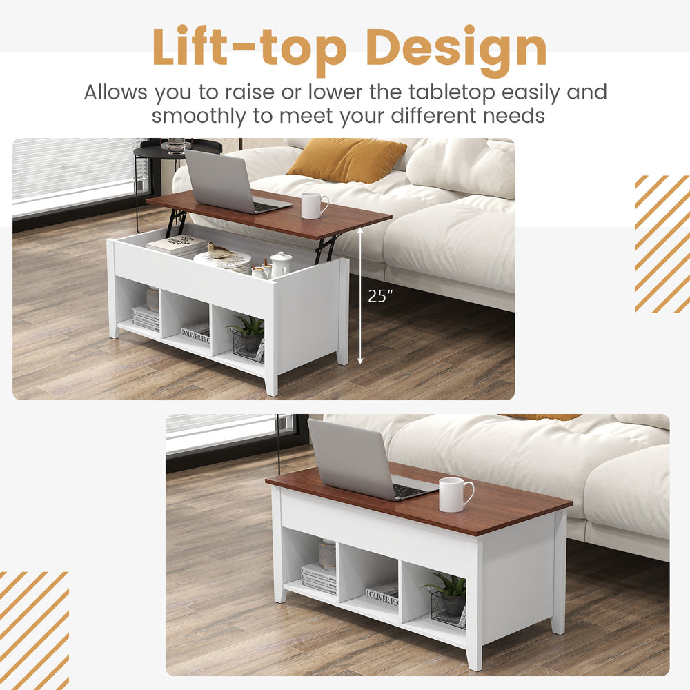 Lift-top coffee table in white with hidden storage, featuring a hydraulic lifter for smooth tabletop adjustment.