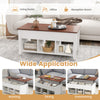 Coffee table with hidden storage compartment in white, featuring a lift top and ample storage for versatile use.