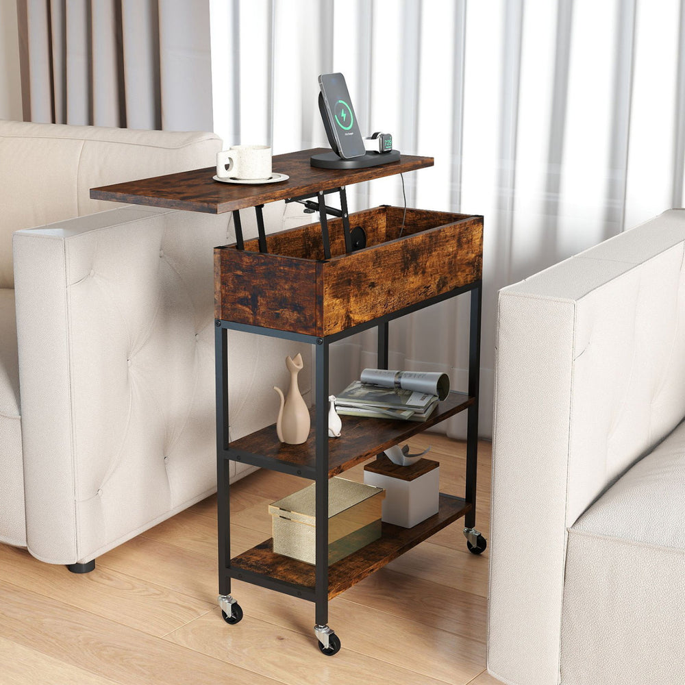 Rustic brown lift top end table showcasing a lift-top design, built-in charging station, and durable universal wheels.