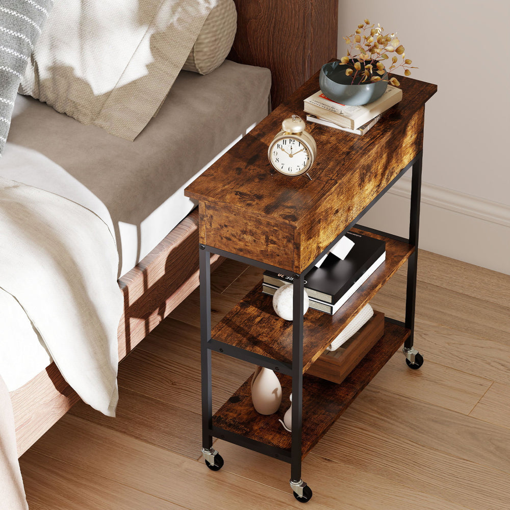 Rustic brown lift top end table with charging station, hidden storage, and universal wheels for easy mobility in small spaces.