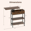 Lift top end table in rustic brown with hidden storage, built-in charging station, and universal wheels for easy mobility.