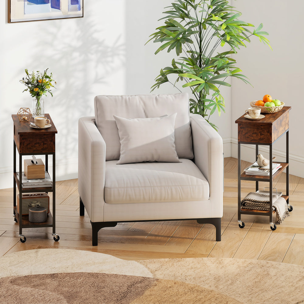 Lift top end table in rustic brown with charging station and wheels, ideal for small spaces and easy mobility.