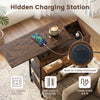 Lift top end table in rustic brown with hidden charging station, featuring wheels for easy mobility and tidy storage.