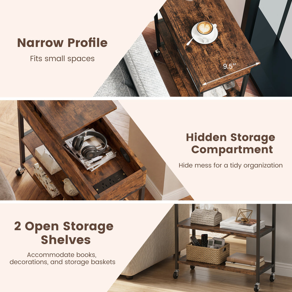 Lift top end table in rustic brown features a narrow profile, hidden storage compartment, and two open shelves for organization.