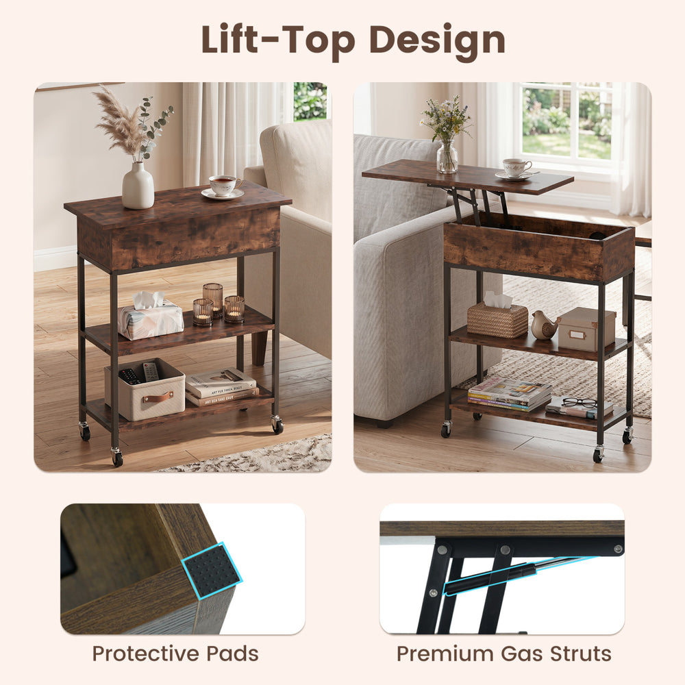 Rustic brown lift-top end table with charging station, featuring hidden storage and universal wheels for easy mobility.