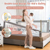 Vertical lifting baby bed rail with cute pattern, adjustable heights, and double safety lock for child protection.