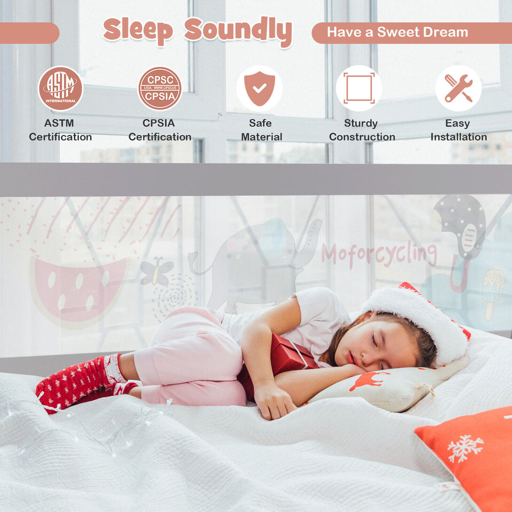 Vertical lifting baby bed rail with cute pattern, adjustable heights, and durable steel frame for safety and easy.