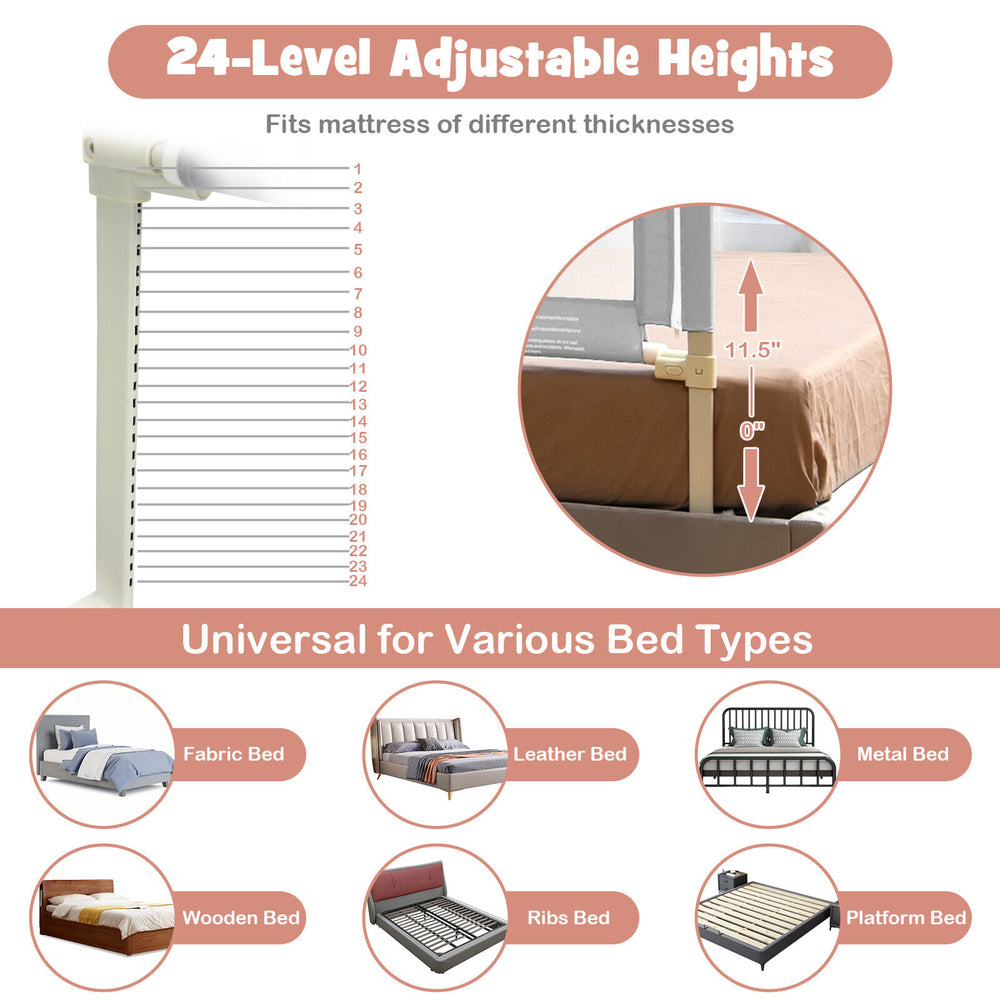 Vertical lifting baby bed rail with 24 adjustable heights, durable steel frame, and breathable mesh for safety.