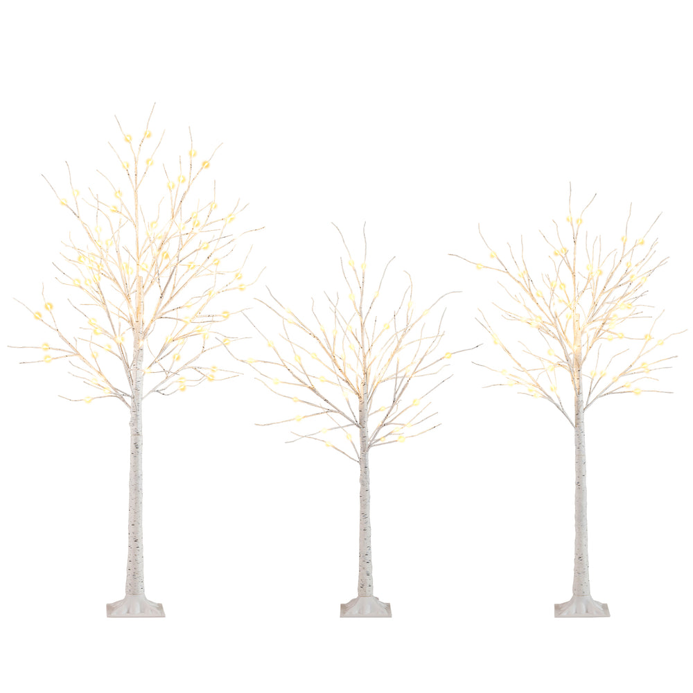 Set of 3 lighted birch trees in 4, 5, and 6 ft heights with warm white LED lights for holiday decorating.