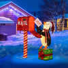Lighted penguin decoration with mailbox and gift box, featuring 160 warm-white LED lights for festive outdoor display.