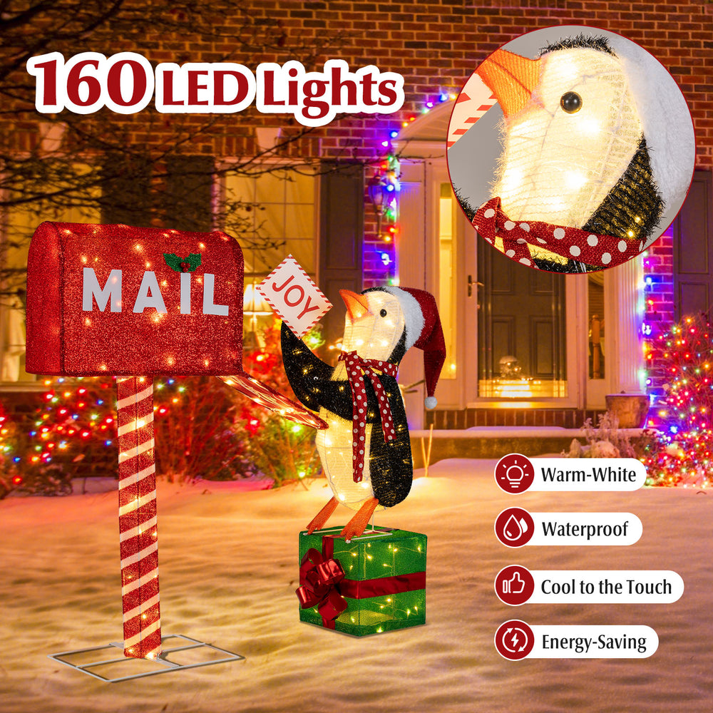 Lighted Christmas decoration featuring a mailbox and penguin with 160 LED lights, perfect for indoor and outdoor.