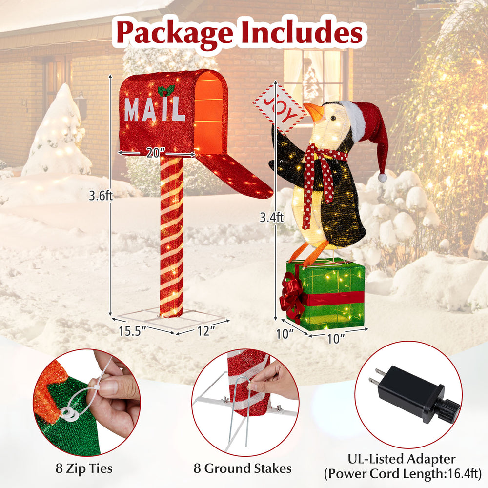 Lighted Christmas decoration featuring a mailbox and penguin on a gift box, with 160 warm-white LED lights for festive.