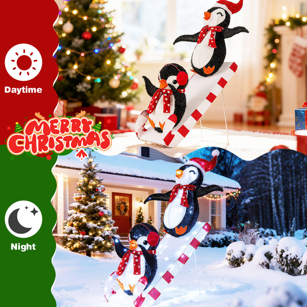3D lighted Christmas decoration featuring penguins on a slide, adorned with red hats and 170 LED lights for festive.