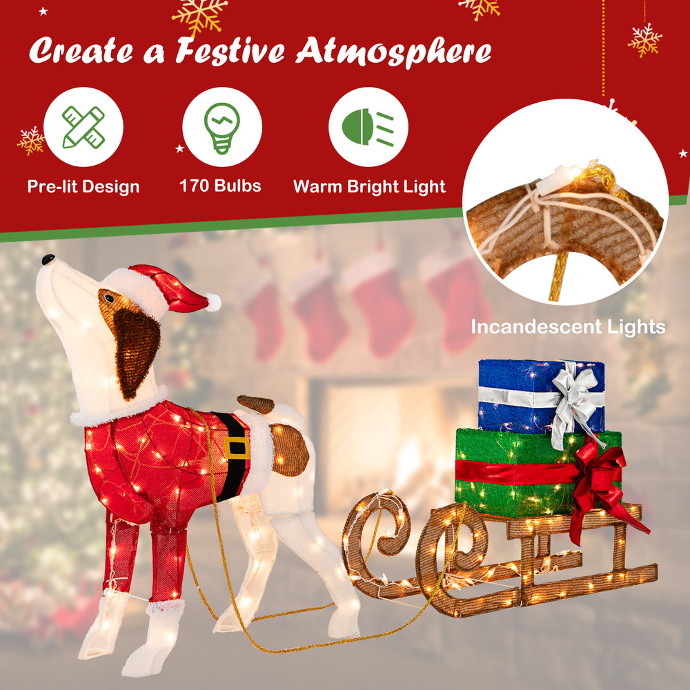 Pre-lit outdoor Xmas dog and sleigh with 170 warm bright lights, perfect for festive porch decoration.