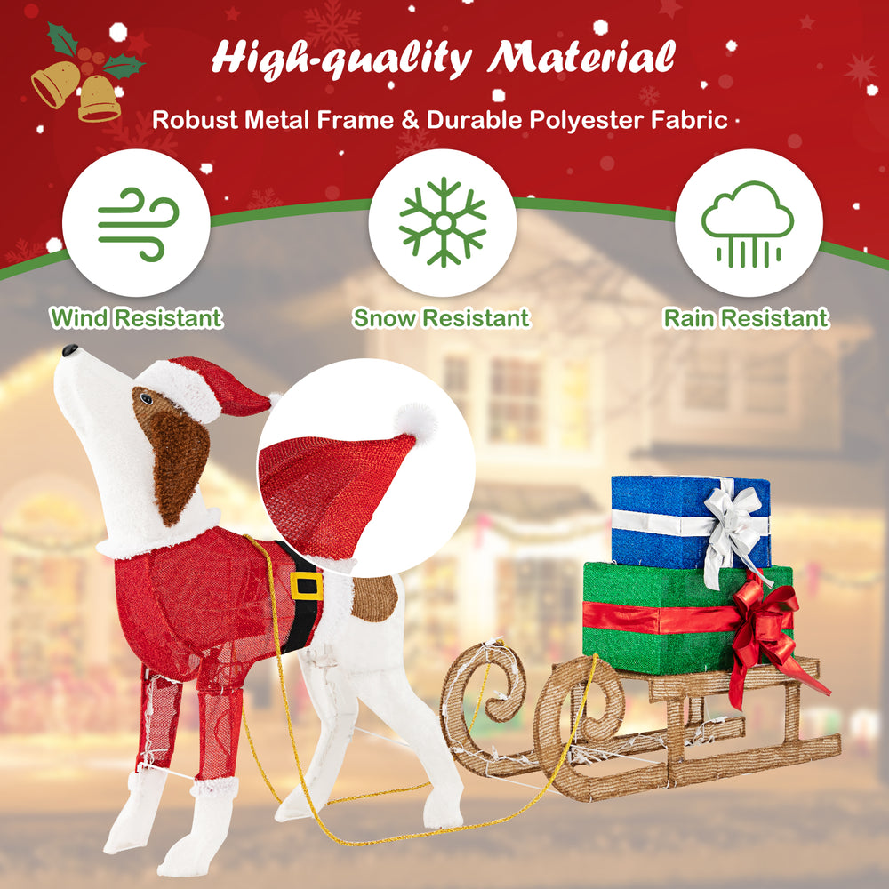 Outdoor pre-lit Xmas dog in a sleigh with 170 warm lights, featuring a durable fabric cover and metal frame for.