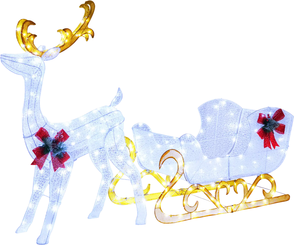 Lighted 6 feet Christmas reindeer and Santa's sleigh decoration with 215 LED lights for festive outdoor display.
