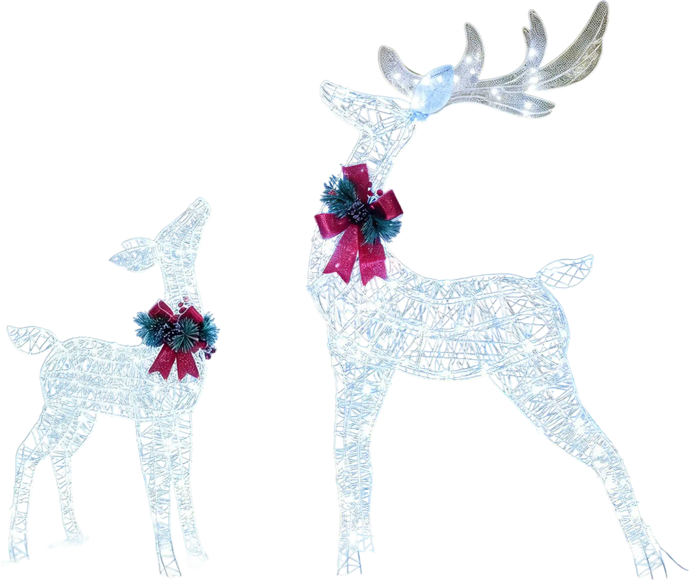 Lighted Christmas reindeer decoration with 170 cold white LED lights, featuring vivid antlers and festive bows for outdoor display.