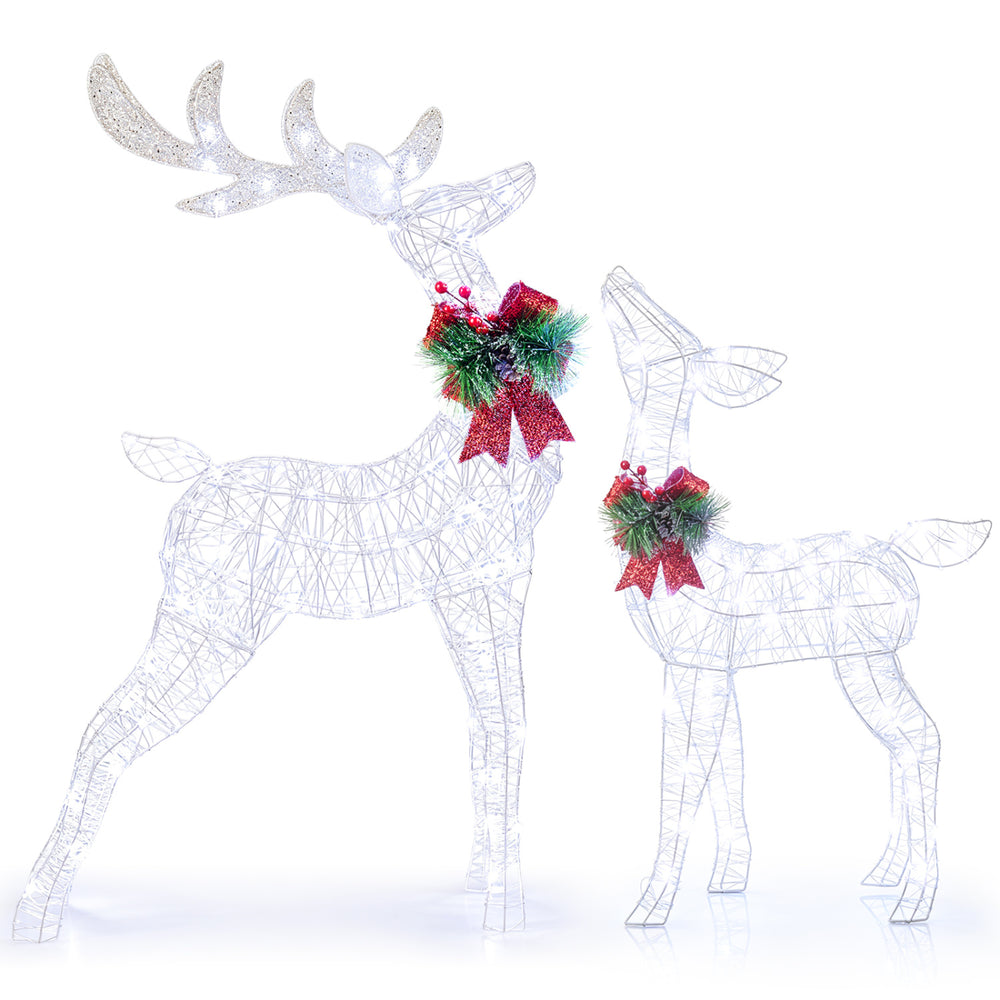 Lighted Christmas reindeer decoration features 170 cold white LED lights and a sturdy metal frame for festive outdoor display.