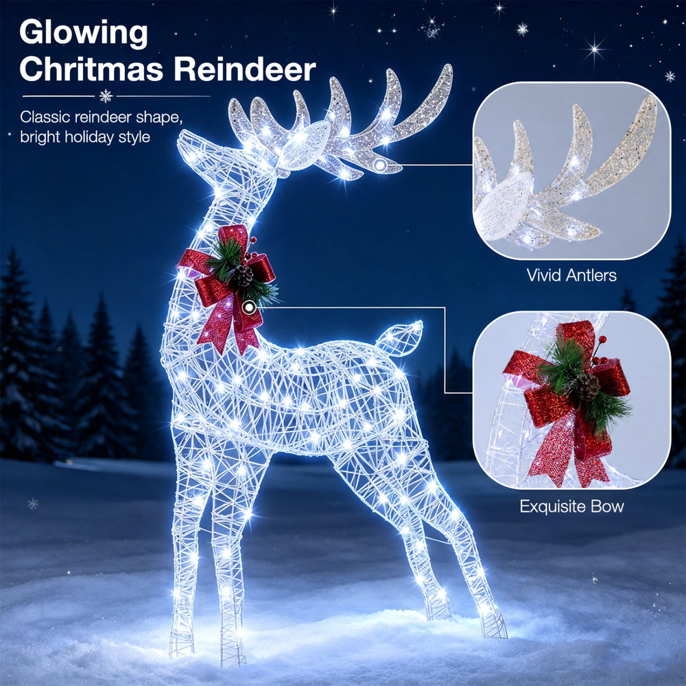 Lighted Christmas reindeer decoration with 170 cold white LED lights, vivid antlers, and a festive bow for holiday charm.