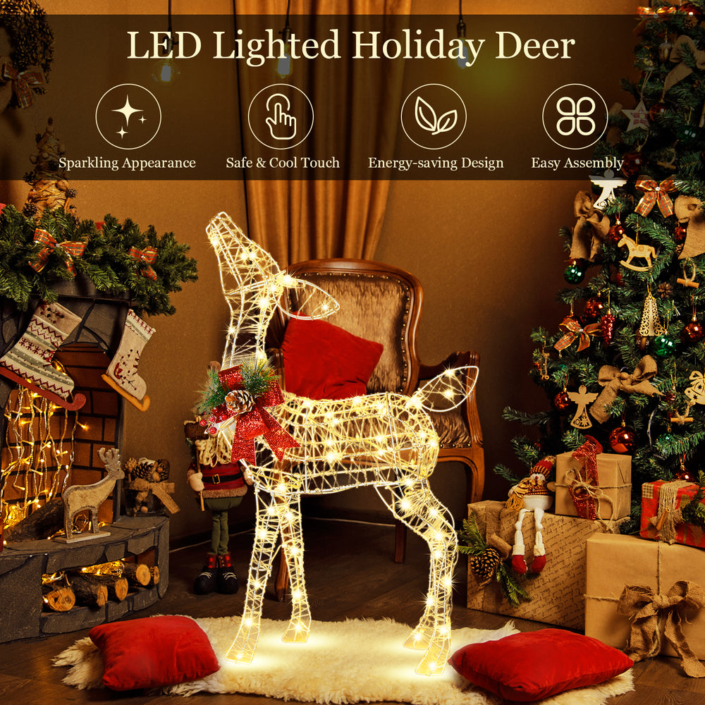34.5-inch lighted Christmas reindeer decoration with 50 warm white LED lights, featuring a red ribbon bow for festive.