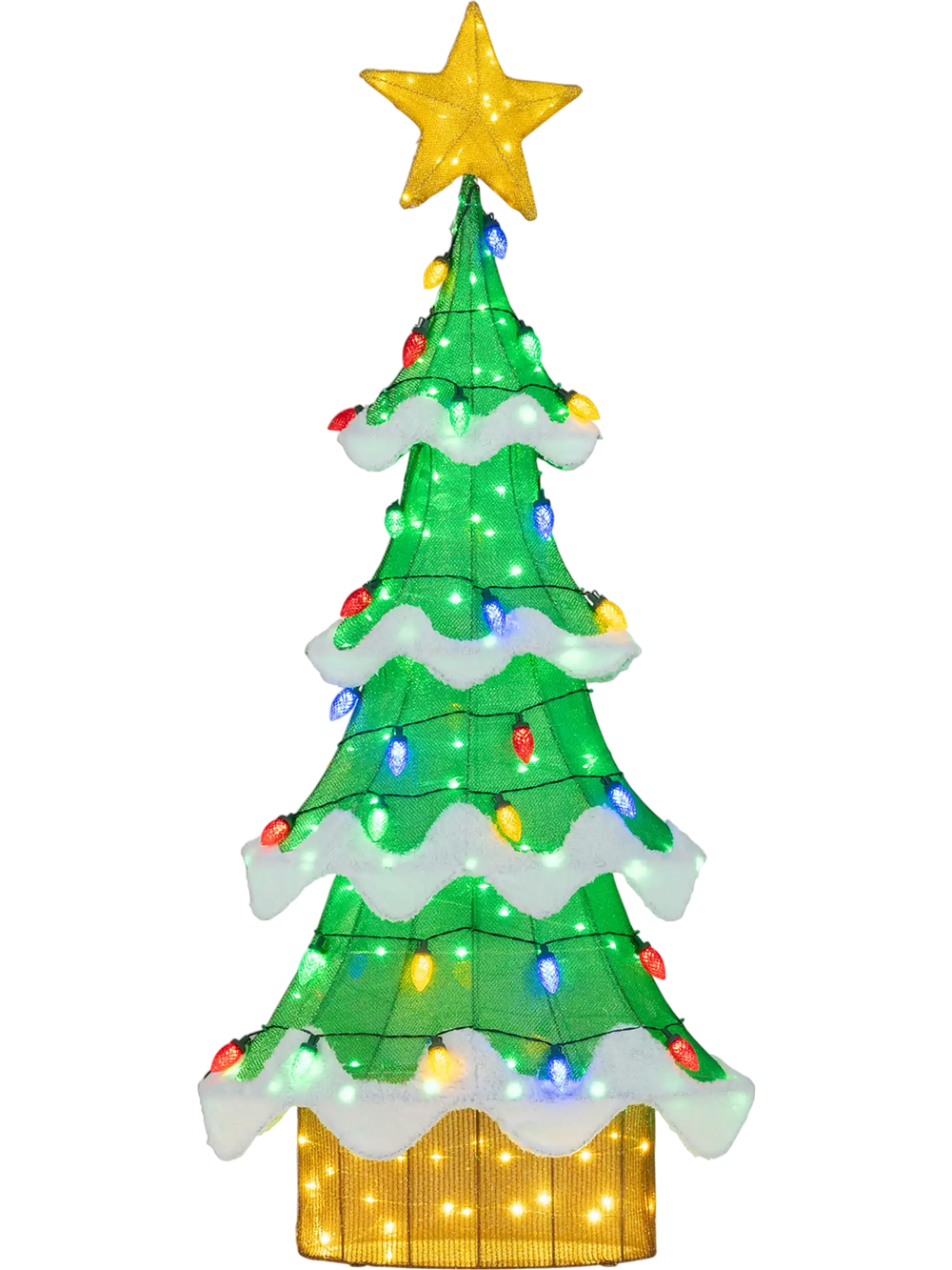 3D lighted Christmas tree with 34 colorful strawberry bulbs, star topper, and weatherproof mesh for indoor/outdoor use.