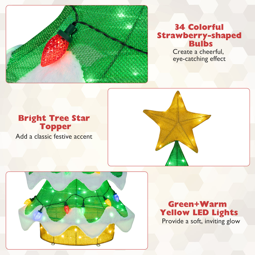 Colorful strawberry-shaped bulbs and bright star topper on a 3D mesh Christmas tree for festive indoor or outdoor decor.