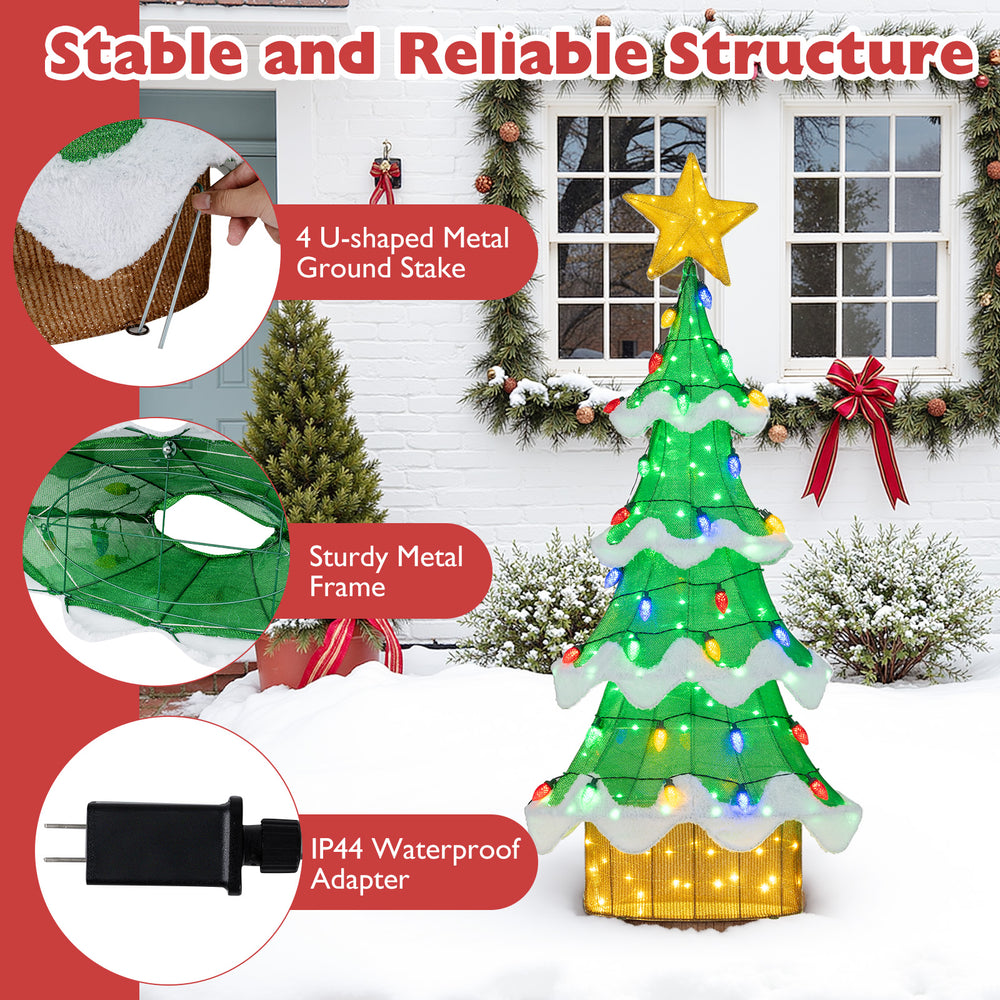 3D mesh Christmas tree with 34 colorful bulbs, sturdy metal frame, and star topper for festive indoor/outdoor decor.