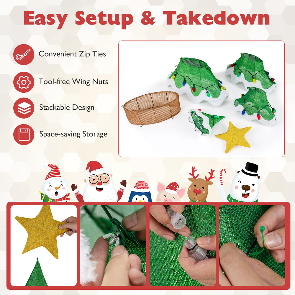3D mesh Christmas tree with 34 colorful bulbs, star topper, and sturdy frame for festive indoor and outdoor display.