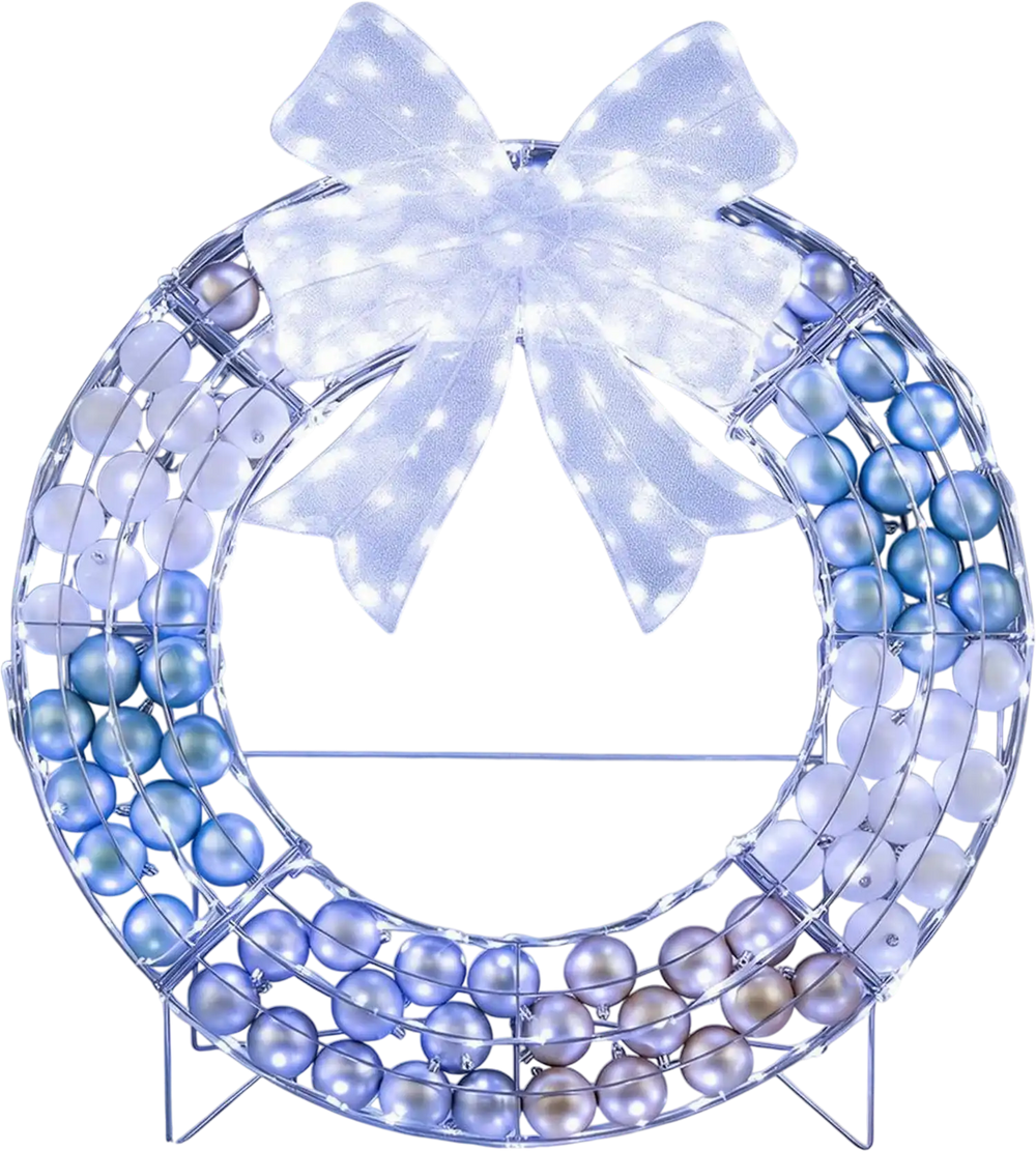 Lighted Christmas wreath decoration featuring 332 LED lights and 88 colorful balls, perfect for festive holiday cheer.